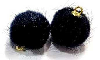 Pair of 15mm navy blue faux mink pom pom tassels with gold-tone caps and loops