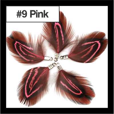 Five 4.5cm feather tassels in a ring, brown speckled feathers with pink edging, labelled #9