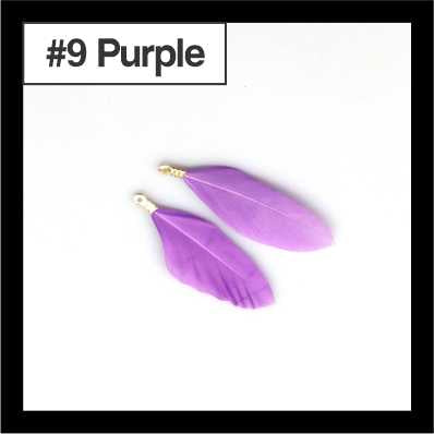 Pair of 4.5cm purple feather tassels with gold-tone caps, labelled #9