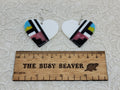 Pair of heart resin slab inlay earrings, combo #9: white with mauve, black, blue and yellow inlay