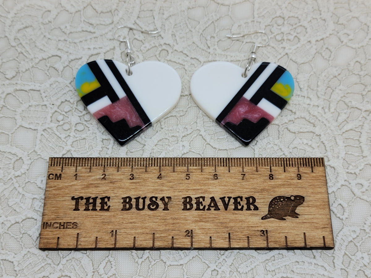 Pair of heart resin slab inlay earrings, combo #9: white with mauve, black, blue and yellow inlay