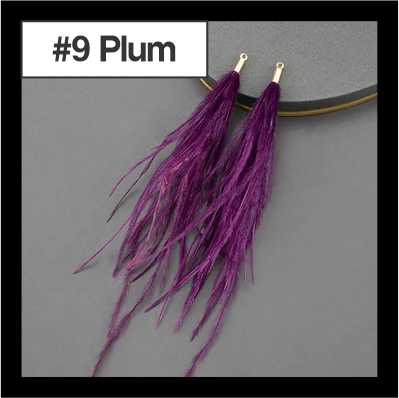 Pair of 14cm plum feather tassels with gold connectors, labelled #9 Plum
