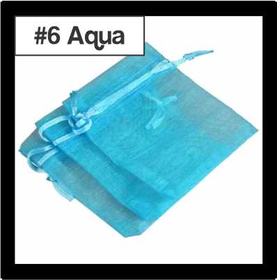 Sheer aqua organza drawstring bags with satin ties, with a numbered colour label
