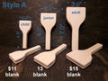 Style A maple fan handles in child, junior and adult sizes with measurements