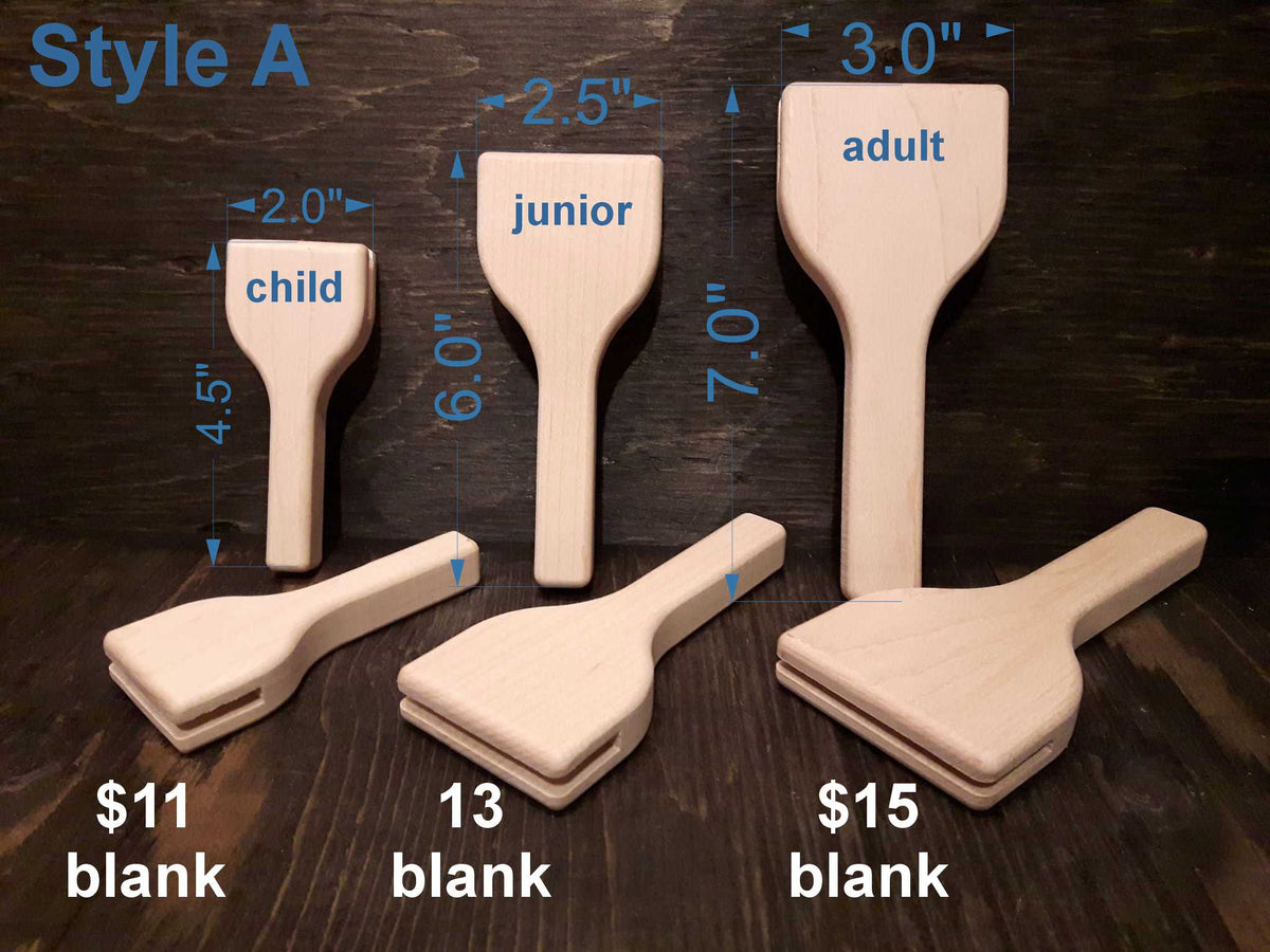 Style A maple fan handles in child, junior and adult sizes with measurements