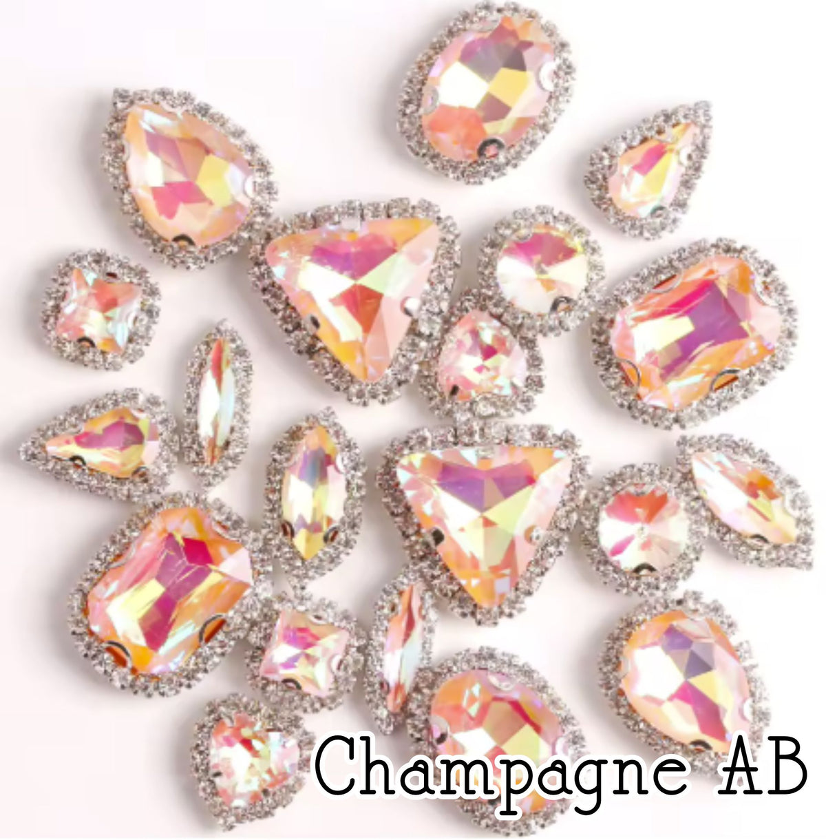 Sew-on crystal rhinestones in champagne AB, in 10 shapes with silver claw settings