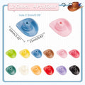 Chart of 21 x 26mm acrylic cowboy hats in ten colours, with two hats shown large