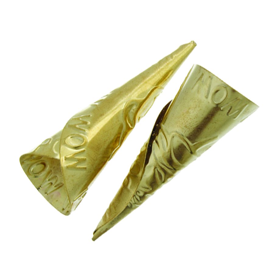 Two gold jingle cones embossed with Pow Wow lettering on a white background