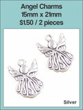 Two silver-tone 15 x 21mm angel charms with outstretched wings