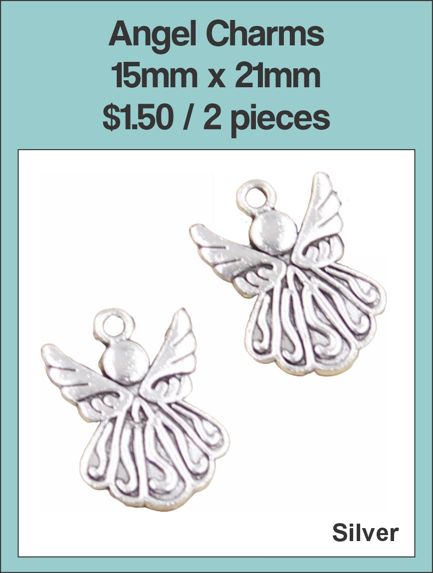 Two silver-tone 15 x 21mm angel charms with outstretched wings