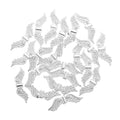 Pile of silver 7 x 24mm angel wing spacer beads on a white background