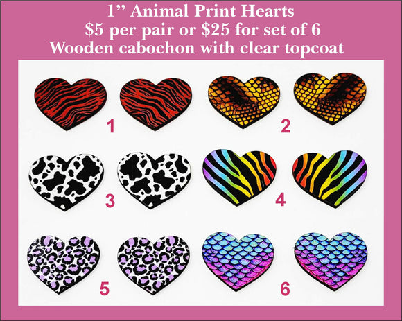 1'' Animal Print Hearts, Wood Cabochon