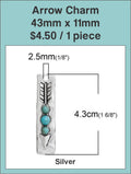 Silver-tone 43mm arrow charm with turquoise-coloured beads, shown with size markings