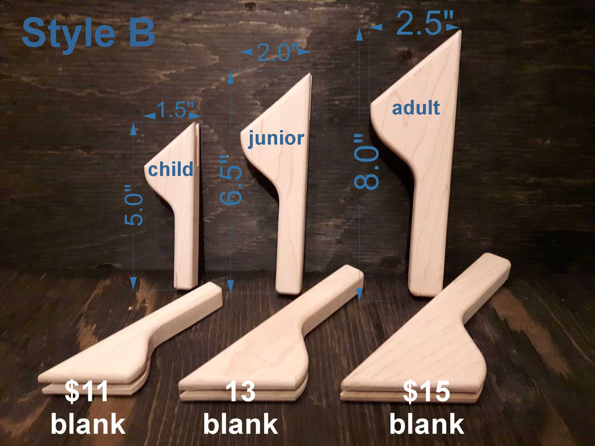 Style B angled maple fan handles in child, junior and adult sizes with measurements