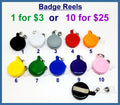 Chart of badge reels in ten numbered colours, with a close-up of the clip back