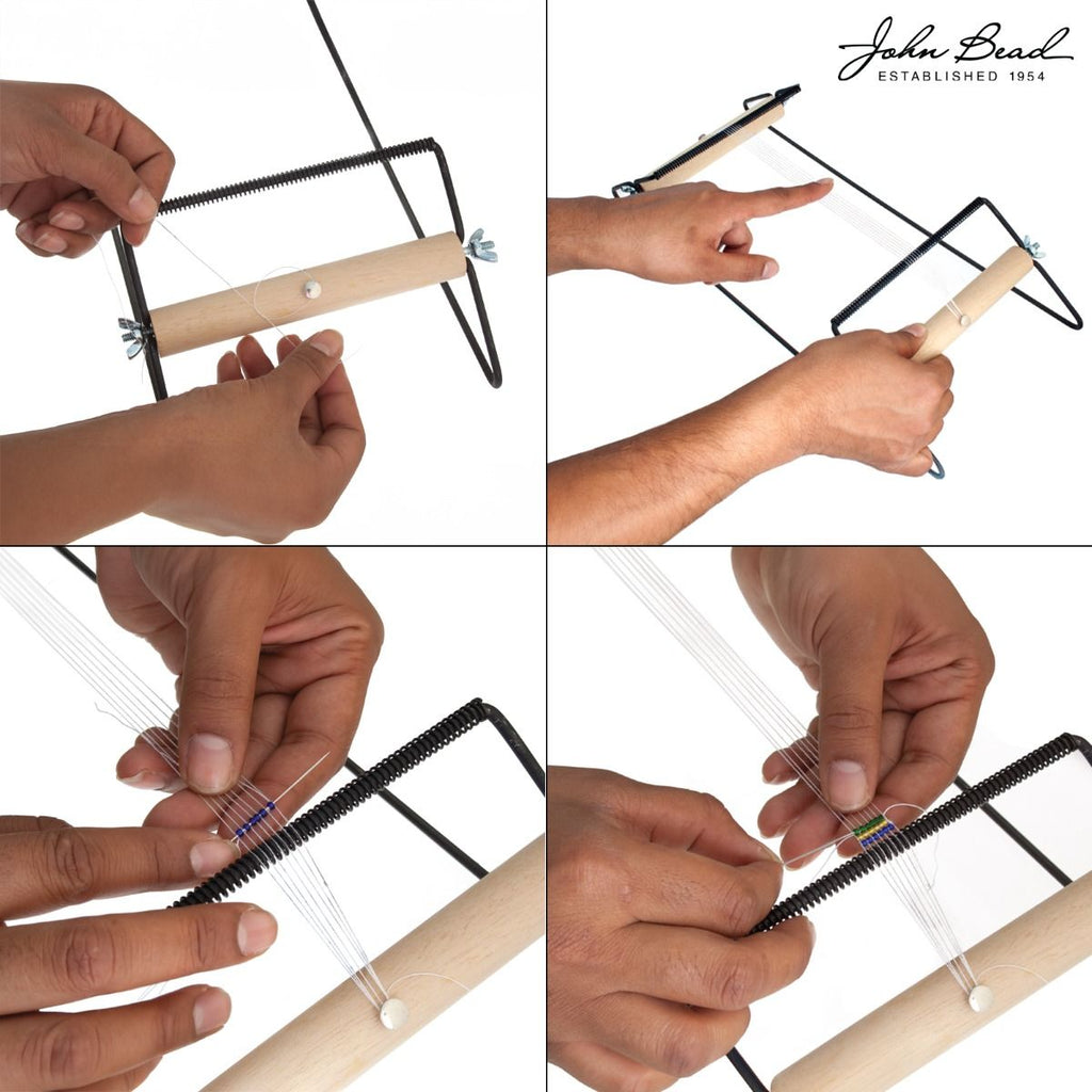 Four photos showing hands setting up and weaving on the bead loom