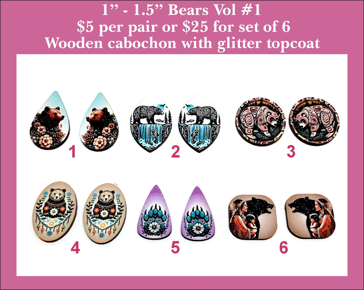 Six pairs of 1 to 1.5 inch bear cabochons (cabs) with bears, florals and mountain scenes in mixed shapes
