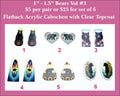 Six pairs of 1 to 1.5 inch UV-printed acrylic bear cabochons (cabs) with black bears, sunflowers and feathers