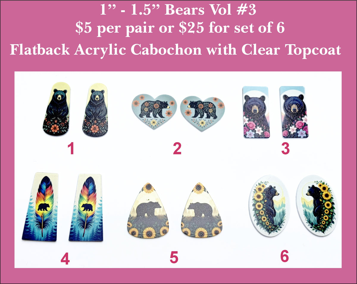 Six pairs of 1 to 1.5 inch UV-printed acrylic bear cabochons (cabs) with black bears, sunflowers and feathers