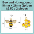 Gold-tone 18 x 21mm bee charm with black stripes beside a yellow enamel honeycomb charm