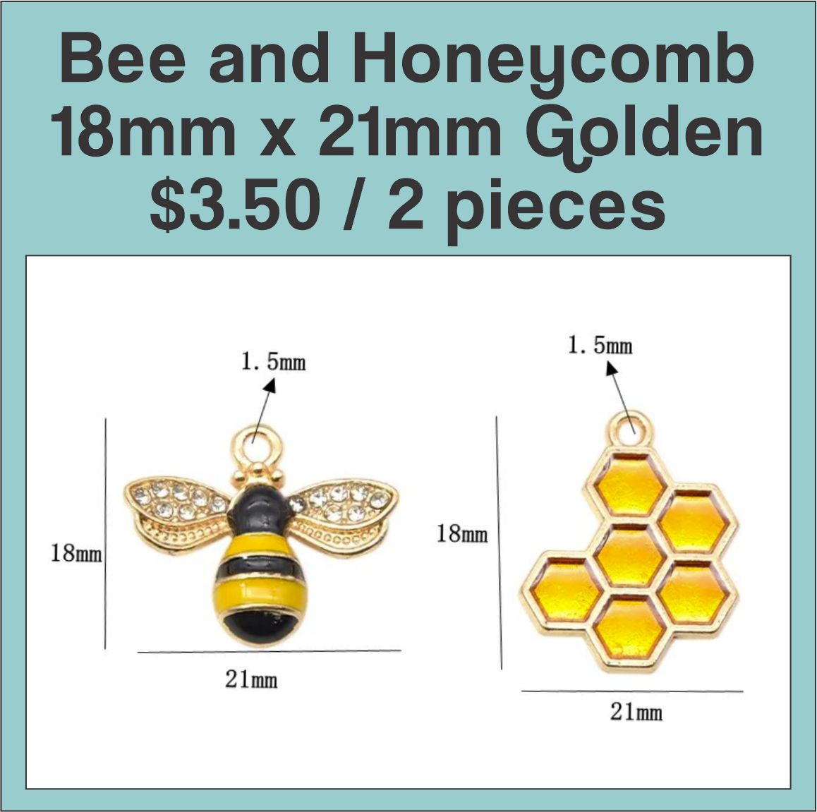 Gold-tone 18 x 21mm bee charm with black stripes beside a yellow enamel honeycomb charm