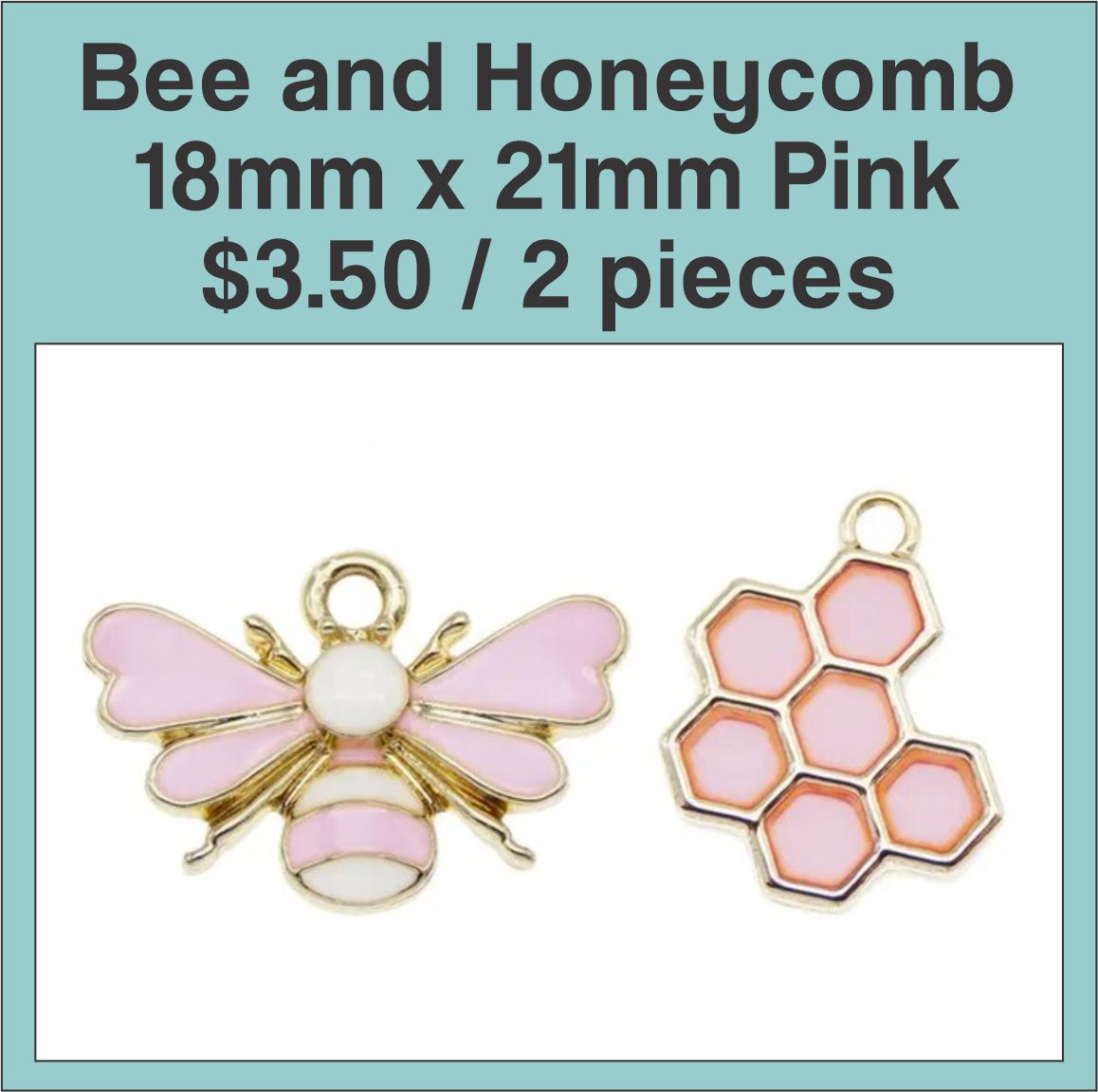 Gold-tone 18 x 21mm bee charm with pink wings beside a pink enamel honeycomb charm