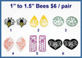 Six pairs of 1 to 1.5 inch mirror acrylic bee cabochons (cabs) in yellow, green, peach, purple and black designs
