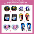 Six pairs of Beetlejuice-themed cabochons (cabs) with horror movie characters and text in mixed shapes
