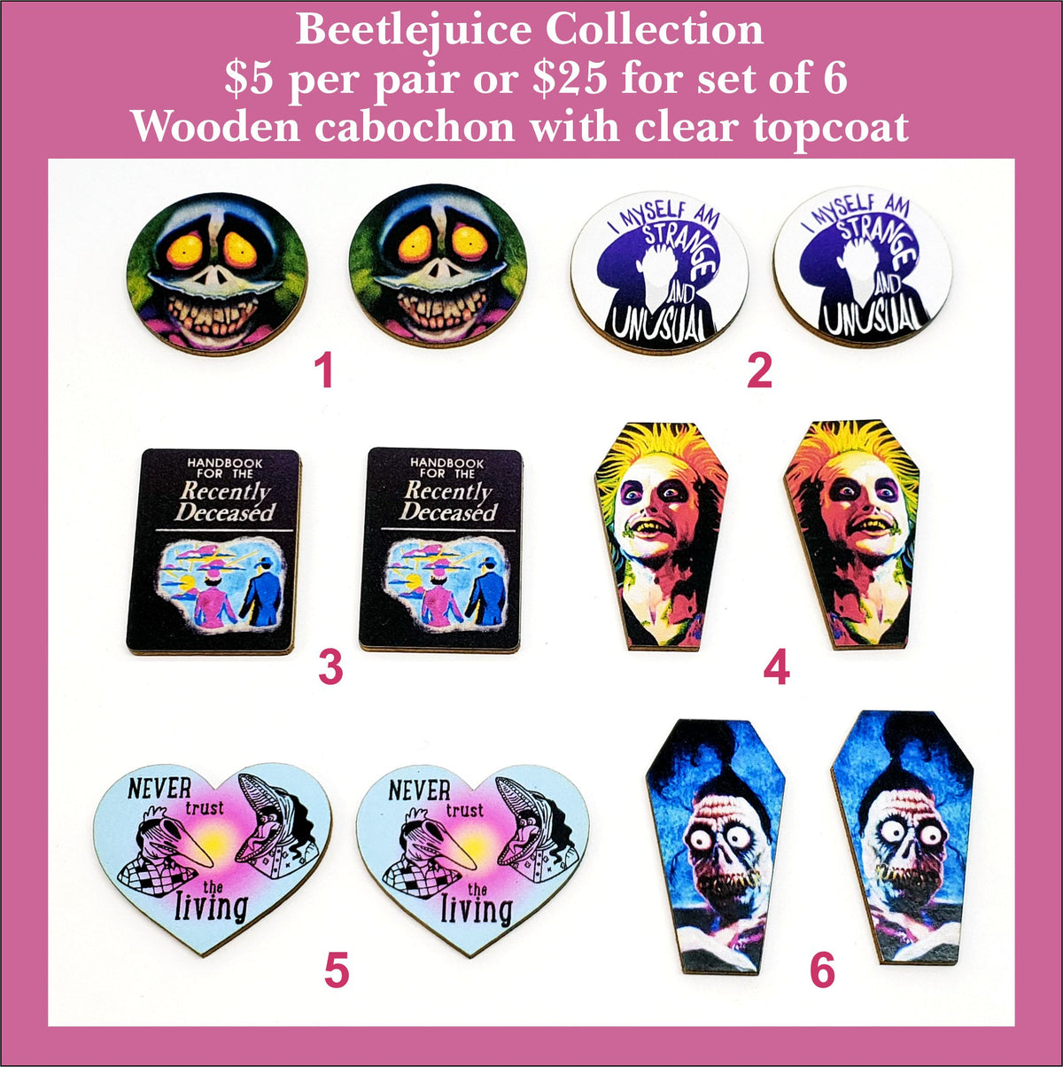 Six pairs of Beetlejuice-themed cabochons (cabs) with horror movie characters and text in mixed shapes