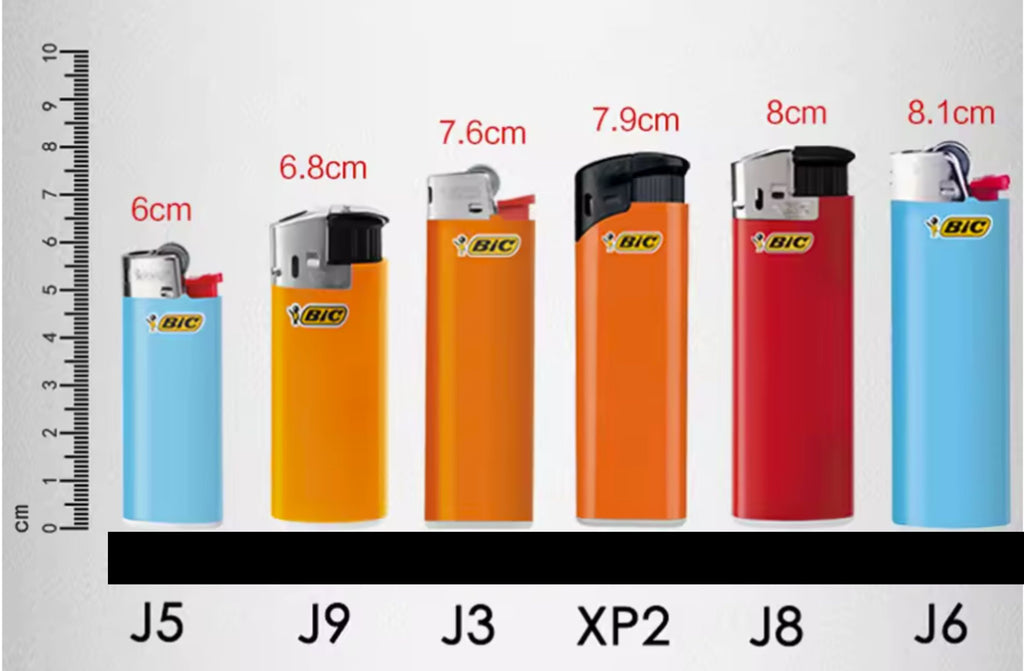 Lighter size chart for J5, J9, J3, XP2, J8 and J6, with J6 the tallest at 8.1cm