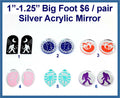 Six pairs of 1 to 1.25 inch silver mirror acrylic Big Foot cabochons (cabs) in six designs and colours