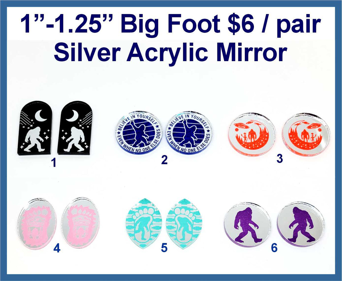 Six pairs of 1 to 1.25 inch silver mirror acrylic Big Foot cabochons (cabs) in six designs and colours