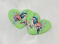Pair of 37mm resin heart cabochons (cabs) in green with bluebirds and pink flowers