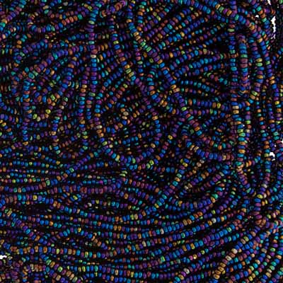 Close-up of strung Preciosa 13/0 true cut charlotte beads in black iris