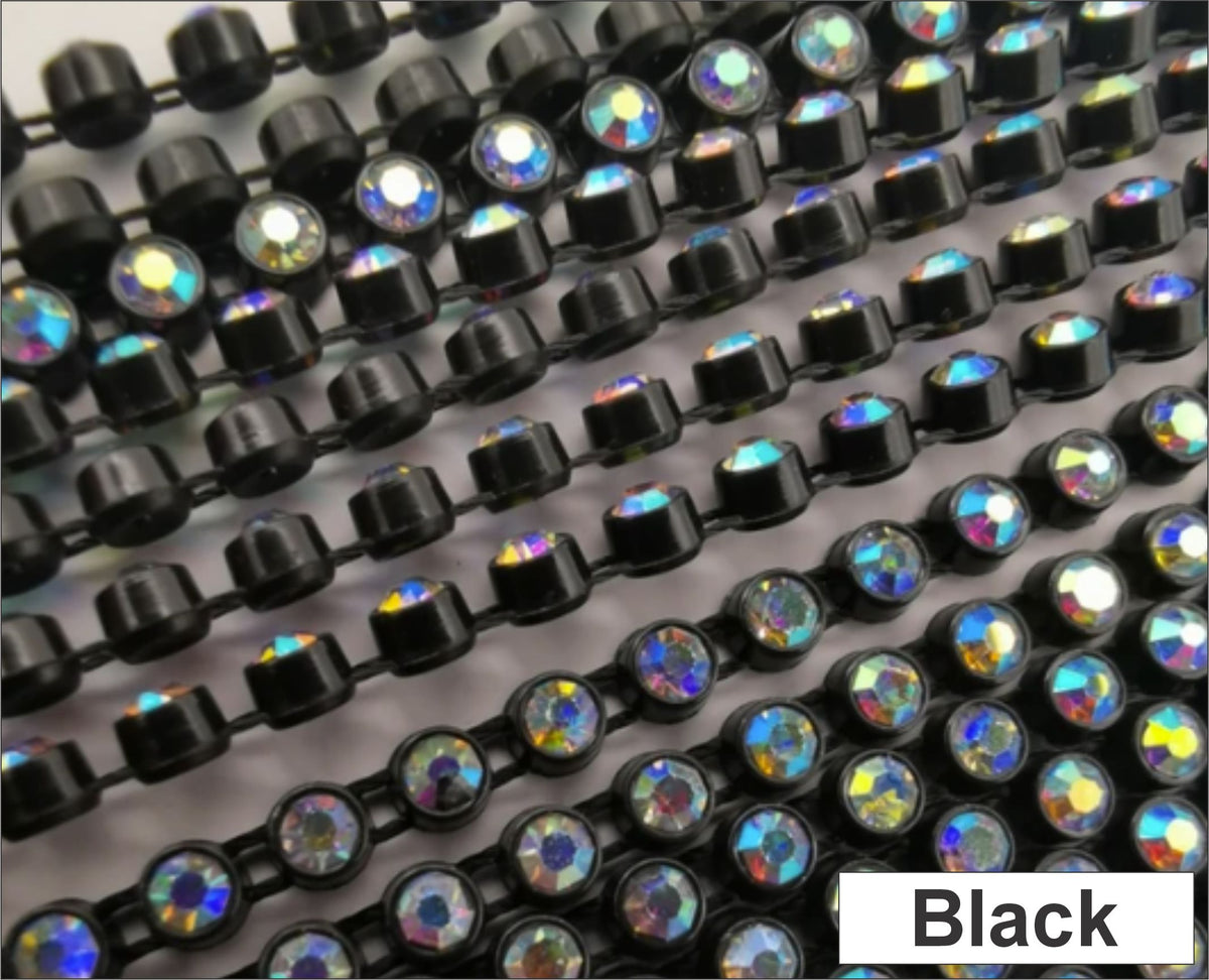 Close-up of rows of ss6 plastic cup rhinestone banding in black with AB crystal stones