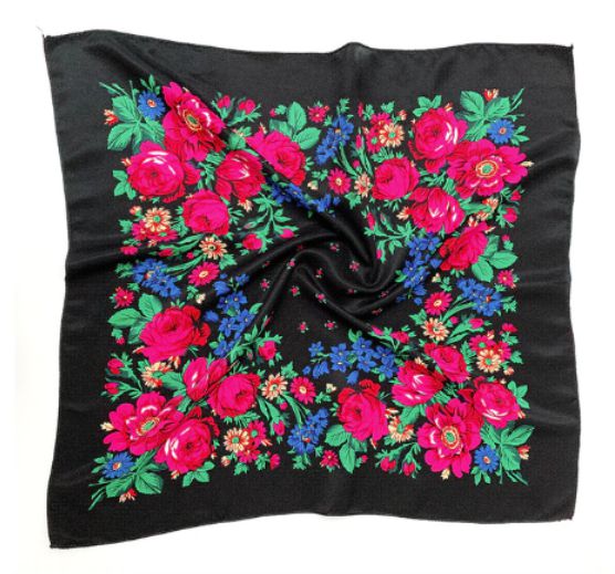 27 x 27 inch black kokum scarf laid flat with a border of pink roses, blue flowers and green leaves