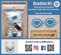 Beading kit bag of beads and supplies beside the finished blue glitter heart earrings it makes, with a ruler