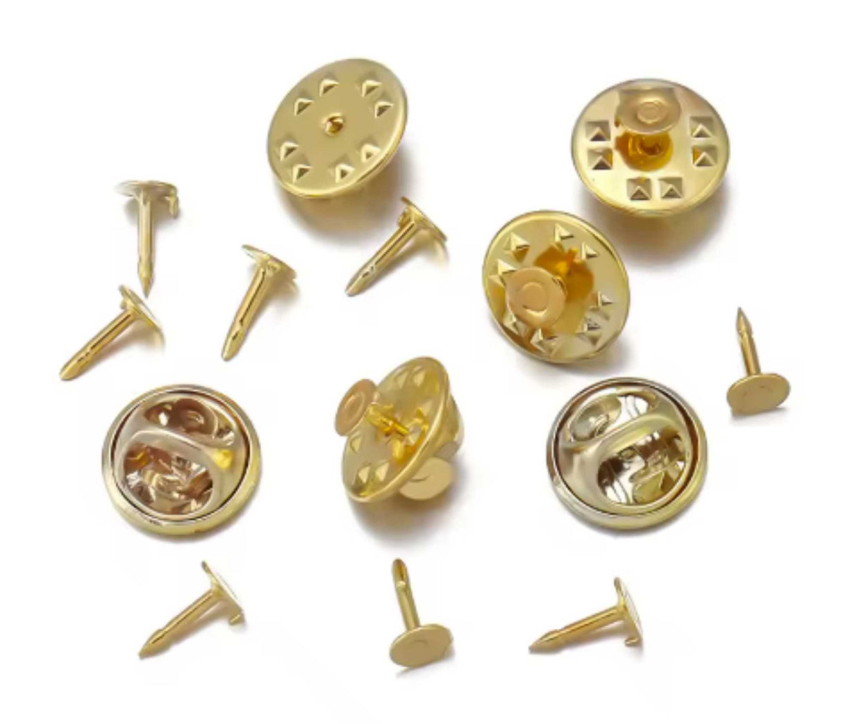 Gold brooch pins with pinch back clutches, 4.5 x 8mm, shown front and back