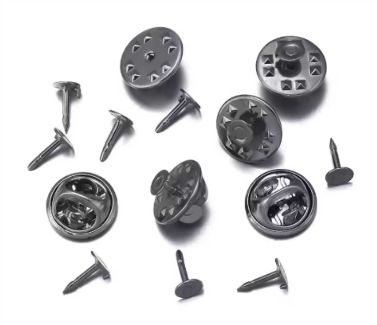 Gunmetal brooch pins with pinch back clutches, 4.5 x 8mm, shown front and back
