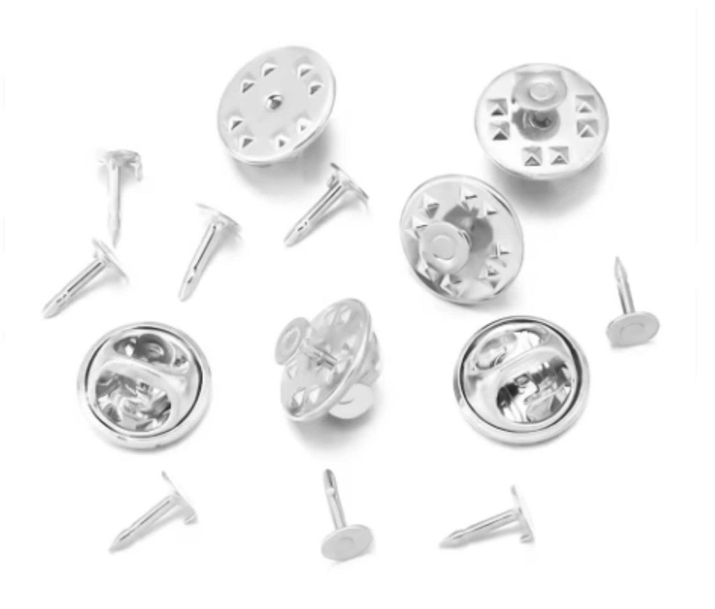 Silver brooch pins with pinch back clutches, 4.5 x 8mm, shown front and back