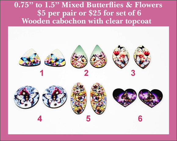 0.75'' to 1.5'' Mixed Butterflies with Flowers, Wood Cabochon