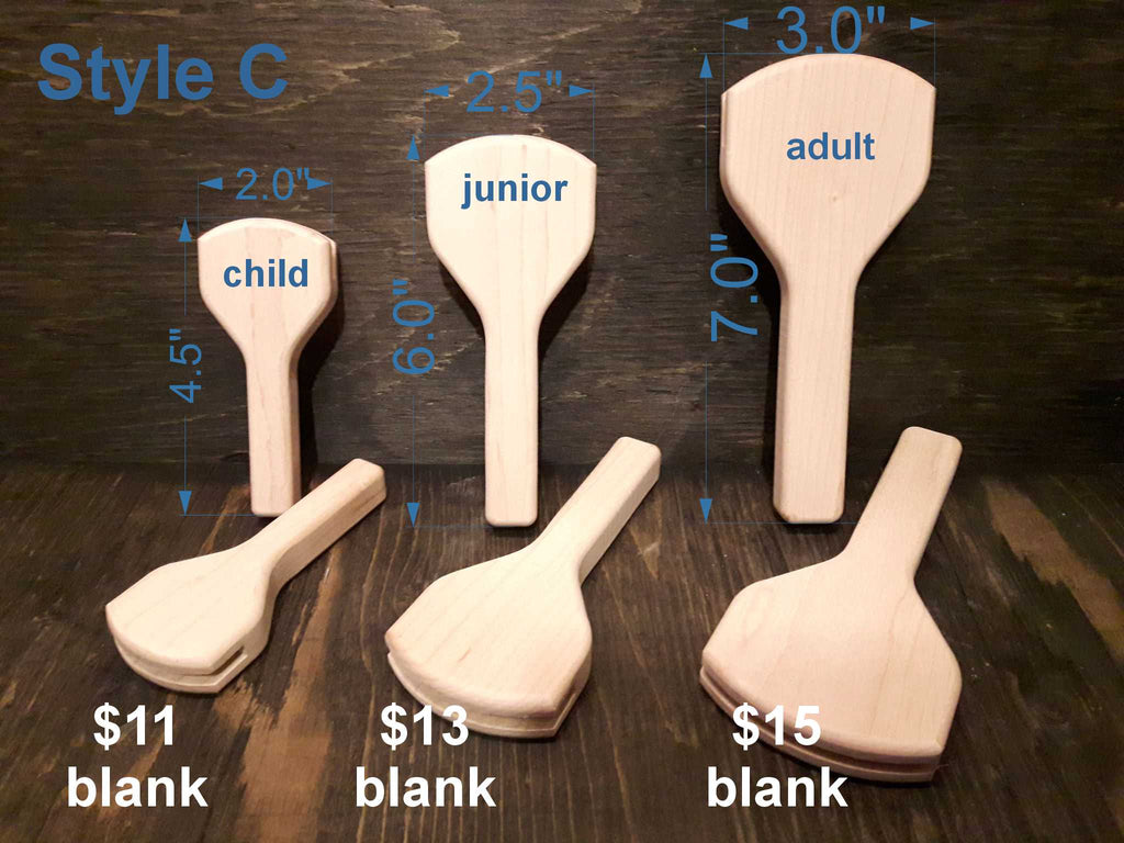 Style C rounded maple fan handles in child, junior and adult sizes with measurements