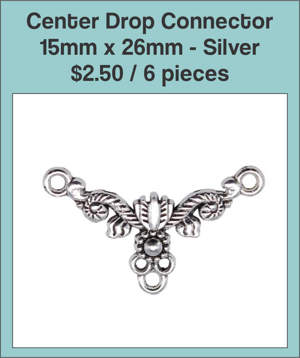 Silver-tone 15 x 26mm centre drop connector with a winged design and three loops