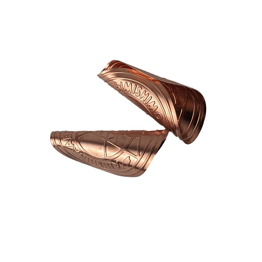 Two copper child-size jingle cones with a twisted ridged pattern
