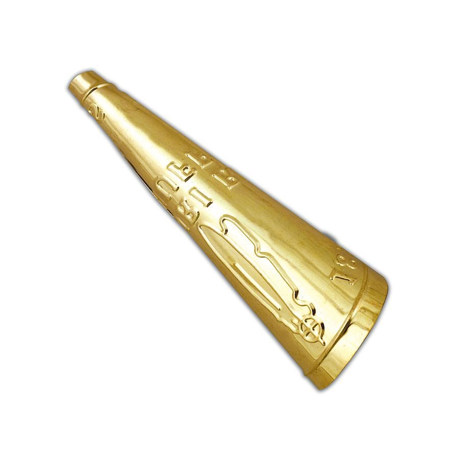 Gold child-size jingle cone with an embossed pattern on white