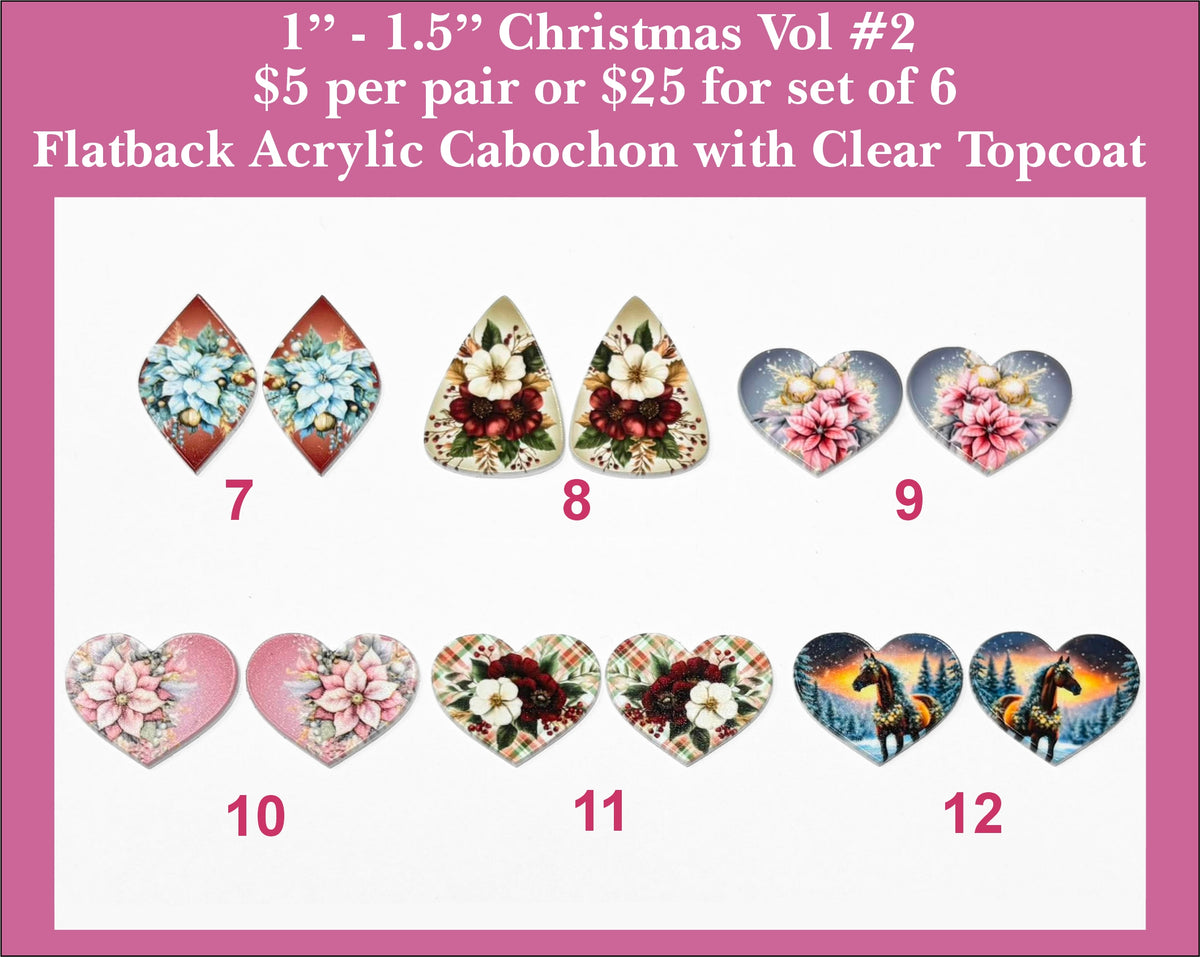 Vol 2 Christmas cabs: six pairs of floral hearts, poinsettia triangles and snowy horse hearts in pink, red and blue