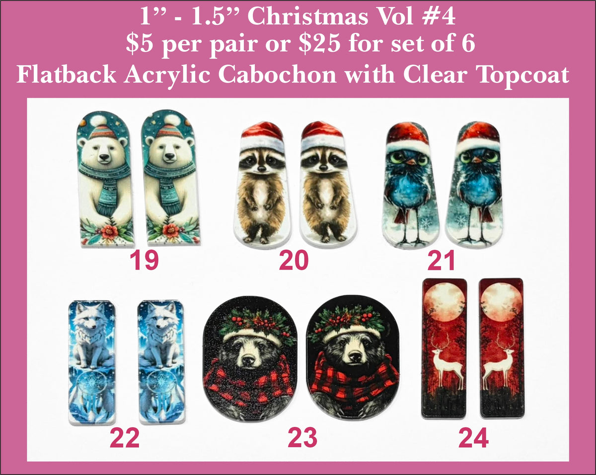 Vol 4 Christmas cabs showing a polar bear, raccoon, bluebird, white wolf, bear in plaid scarf and white stag