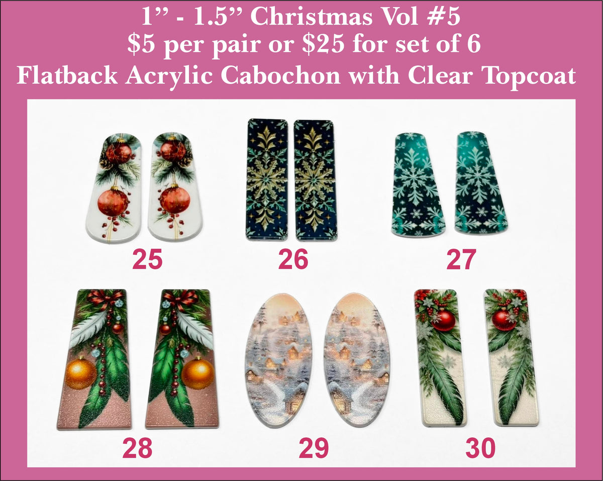 Vol 5 Christmas cabochons in long tapered and oval shapes with ornaments, evergreen, snowflake and winter village prints