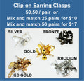 Chart of clip-on earring clasps in silver, bronze, gold, rhodium and KC gold
