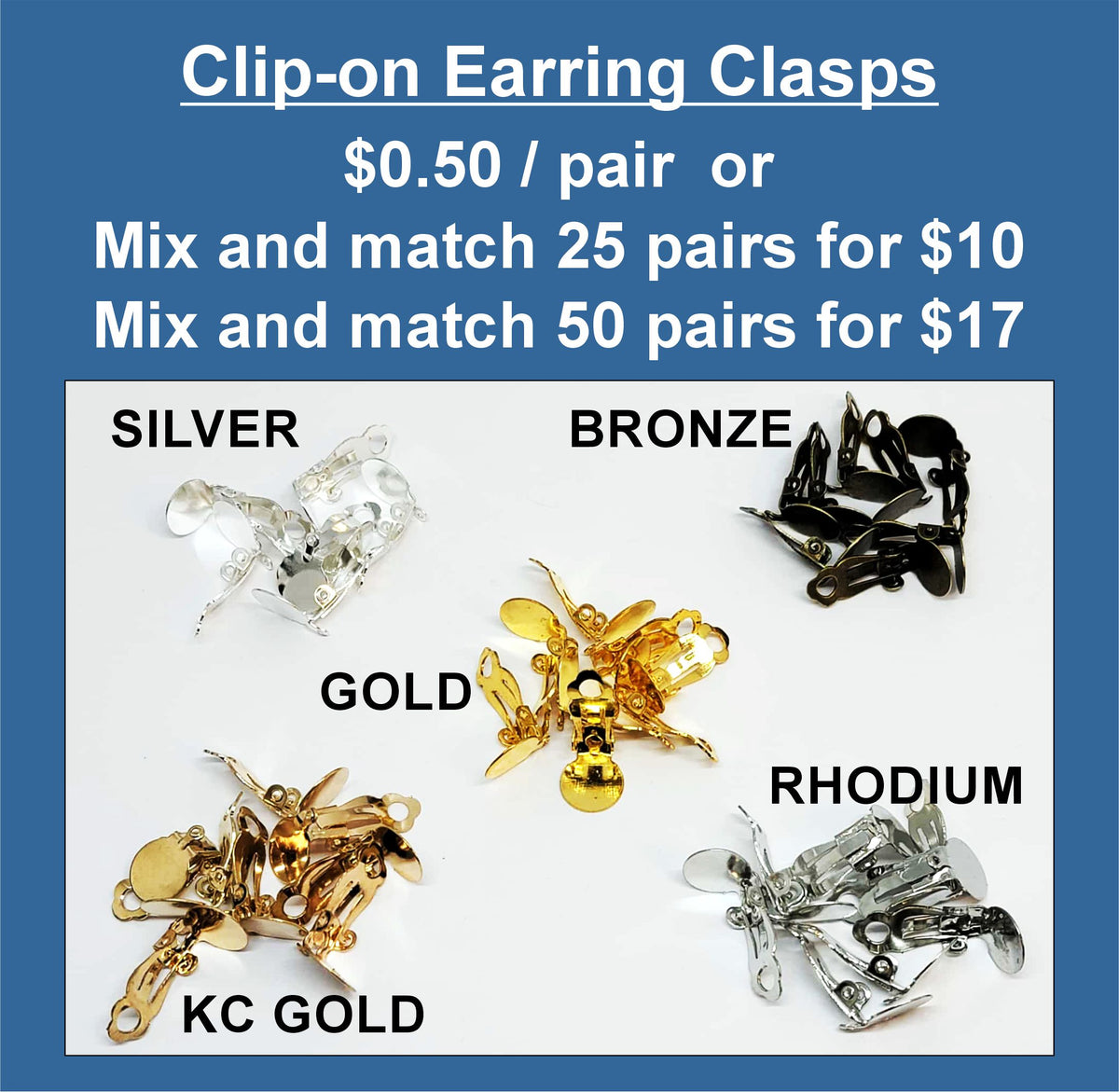 Chart of clip-on earring clasps in silver, bronze, gold, rhodium and KC gold